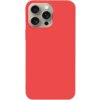 Czerwone etui na telefon z trzema wycięciami na obiektywy aparatu oraz dodatkowymi otworami na lampę błyskową i mikrofon. Produkt jest przeznaczony do modelu Apple iPhone 16 Pro.