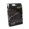 Przezroczyste opakowanie zawiera zestaw 19 wierteł do metalu, oznaczonych jako HSS METAL DRILL BITS, z rozmiarami od 1 do 10 mm. Na opakowaniu widnieje logo "STALCO PERFECT" oraz numer S-71839.
