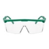 Na zdjęciu widoczne są okulary ochronne z przezroczystymi soczewkami i zielonymi oprawkami. Produkt ma nowoczesny design z prostokątnymi soczewkami i wyraźnie zaznaczonym mostkiem.