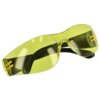 Żółte okulary ochronne z przezroczystymi soczewkami i czarnymi zausznikami, o opływowym kształcie. Produkt to "Okulary ochronne STALCO Parrot Yellow S-44210".
