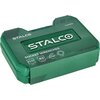 Zielona walizka z napisem "STALCO" oraz "SOCKET WRENCHES" na górnej powierzchni. Widoczne są również oznaczenia: "CrV STEEL", "82 ELEMENTS", "72T 72 TEETH", "HEX" oraz numer "S-54013".