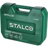 Zielona walizka z uchwytem, na której widnieje logo "STALCO" oraz oznaczenie "S-54013". Na walizce znajdują się napisy: "SOCKET WRENCHES", "CrV STEEL", "82 ELEMENTS", "72T 72 TEETH", "HEX".