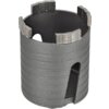 Na zdjęciu widoczna jest metalowa otwornica z ząbkowanymi krawędziami i otworami w korpusie. Produkt ma szary kolor i widoczne są na nim poziome rowki.