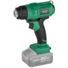 Zielono-czarna opalarka z logo "STALCO" i oznaczeniem "HGS20-550" na korpusie, wyposażona w szary akumulator z napisem "S-VOLT LITHIUMION BATTERY SYSTEM 20V MAX STALCO 4Ah". Produkt ma ergonomiczny uchwyt z teksturowaną powierzchnią.