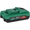 Zielony akumulator z czarną podstawą, na którym widnieje napis: "STALCO 4Ah 20V MAX S-VOLT EXTREME LITHIUM-ION". Produkt ma prostokątny kształt z widocznymi złączami na górze.