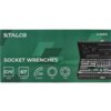 Na zielonym tle znajduje się logo "STALCO" oraz oznaczenie "S-54016", a poniżej napis "SOCKET WRENCHES". Obok widoczny jest otwarty zestaw kluczy nasadowych, a na dole ikony z napisami: "CrV STEEL", "67 ELEMENTS", "72T 72 TEETH", "HEX", "TORX".
