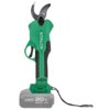Zielony sekator akumulatorowy z czarnymi elementami, na którym widnieje napis "STALCO BRUSHLESS". Na szarej baterii znajdują się napisy: "LITHIUM-ION 20V MAX STALCO 4Ah".
