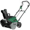 Na zdjęciu znajduje się zielono-czarna odśnieżarka akumulatorowa z napisem "STALCO" oraz "BRUSHLESS" na obudowie. Urządzenie ma duże koła i regulowany uchwyt.