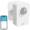 Biały czujnik ruchu z logo "gosund" na dole, obok którego znajduje się smartfon z aplikacją pokazującą ekran "Motion Sensor" z tekstem "Motion detected" oraz opcjami "Working", "Record", "Smart" i "Set".