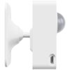 Biały czujnik ruchu z widoczną półkulistą powierzchnią i portem micro USB na boku. Urządzenie ma prosty, nowoczesny design z gładkimi krawędziami.