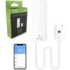Na zdjęciu znajduje się biały czujnik zalania z logo "gosund" oraz jego opakowanie z napisem "Zigbee Smart water leak sensor". Obok widoczny jest ekran smartfona z aplikacją pokazującą status "Normal" i ikonę kropli wody.