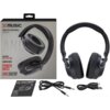 Na zdjęciu widoczne są czarne słuchawki nauszne oraz ich opakowanie z napisem "XMUSIC WIRELESS HEADPHONES XWH9100K", a także dodatkowe akcesoria: kabel audio i kabel USB. Na opakowaniu znajdują się informacje: "BATTERY 36H PLAYTIME", "GAMING MODE", "POWER