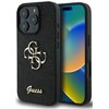 Czarne etui na telefon z widocznym logo "Guess" oraz ozdobnym wzorem z literami "G" i "C" na tylnej części. Obok etui znajduje się telefon z kolorowym wyświetlaczem.