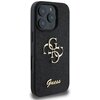 Czarne etui na telefon z teksturą brokatową, ozdobione złotym logo składającym się z liter "G" i "4G". Na dole widnieje złoty napis "Guess".