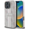 Etui na telefon w kolorze różowym z wzorem 4G i pionowymi paskami, na którym widnieje napis "GUESS EST 1981". Obok etui znajduje się telefon z kolorowym wyświetlaczem.