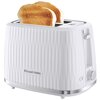 Biały toster z dwoma kromkami chleba, posiadający żebrowaną powierzchnię i srebrne detale, z widocznym logo "Russell Hobbs" na przedniej części. Na boku znajduje się pokrętło do regulacji oraz przycisk z symbolem śnieżynki.