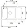 Schemat techniczny zlewozmywaka jednokomorowego z ociekaczem, z wymiarami: szerokość 620 mm, głębokość 510 mm, szerokość komory 435 mm, głębokość komory 420 mm, oraz inne szczegółowe wymiary. Na schemacie widoczne jest logo "FRANKE".