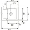 Schemat techniczny zlewozmywaka jednokomorowego z ociekaczem, z wymiarami: 620 mm szerokości, 510 mm wysokości, 435 mm szerokości komory, 420 mm wysokości komory, 351 mm szerokości ociekacza, 279 mm głębokości komory, oraz oznaczeniami 42 mm, 44 mm i 45 mm. Na schemacie widoczne jest logo "FRANKE".