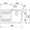 Schemat zlewozmywaka jednokomorowego z ociekaczem, oznaczonego jako FRANKE Logica LLX 611-79 101.0085.773, wykonany ze stali szlachetnej o wymiarach 50x79 cm, z widocznymi wymiarami: 790 mm szerokości, 500 mm głębokości, 395 mm szerokości komory, 62 mm wy