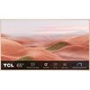 Telewizor z wyświetlaczem przedstawiającym krajobraz z różowymi wzgórzami, poniżej widoczne są ikony i napisy: "TCL 65”", "Flat & Slim Frame Design", "QLED PRO", "‘AI’ Art", "Matte Screen", "Magnetic Decorative Frame".