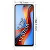 Obraz przedstawia smartfon z wyświetlaczem o przekątnej 6.72 cala, co odpowiada 17.07 cm. Na grafice widoczne są wymiary urządzenia: 76.7 mm szerokości i 168.7 mm wysokości.