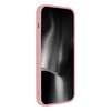 Etui w pastelowym różowym kolorze otacza telefon, którego ekran jest wyłączony, ukazując ciemną, błyszczącą powierzchnię. Na boku etui widoczne są przyciski oraz otwór na port ładowania.