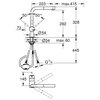 Schemat techniczny baterii z wymiarami: wysokość całkowita 445 mm, zasięg wylewki 223 mm, średnica otworu montażowego Ø34 mm, maksymalna grubość blatu 60 mm. Widoczne są kąty obrotu 50° oraz oznaczenie przyłącza G 3/8.