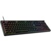 Czarna klawiatura mechaniczna z podświetleniem RGB, posiadająca pełny układ klawiszy oraz pokrętło w prawym górnym rogu. Klawisze są podświetlone w różnych kolorach, tworząc efekt tęczy.