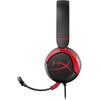 Czarno-czerwone słuchawki nauszne z mikrofonem na elastycznym pałąku, z widocznym logo "HyperX" na nauszniku. Konstrukcja jest prosta, z czerwonymi akcentami na czarnym tle.