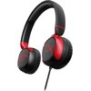 Czarno-czerwone słuchawki nauszne z widocznym logo "HyperX" na obu nausznikach. Słuchawki mają miękkie poduszki i pałąk, a kabel wychodzi z jednej strony.