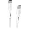 Biały kabel USB-C do USB-C o długości 1,5 metra z widocznym logo "sbs" na obu końcówkach. Kabel ma oznaczenie 100W, a na końcówkach znajdują się czarne detale.