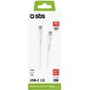 Białe opakowanie z zielonym uchwytem zawiera zdjęcie białego kabla USB-C do USB-C oraz logo "sbs". Na opakowaniu widnieją napisy: "PD SUPPORTED UP TO 100 WATT", "1.5 m", "5 ft", "USB-C 2.0", "Type-C Type-C", "Samsung, Xiaomi & Others", oraz kod "TECABLEST