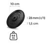 Na zdjęciu znajduje się czarne obciążenie z widocznymi wymiarami: średnica 10 cm, grubość 1,5 cm, otwór 28 mm (+/-1). Na dole znajduje się ikona z napisem "0.5 KG".