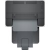 Drukarka HP LaserJet M209d widziana z góry, z widocznymi przyciskami na panelu sterowania oraz otwartą tacą na papier. Na panelu znajdują się ikony: Wi-Fi, informacje, anulowanie i zasilanie.