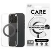 Przezroczyste etui z czarnym pierścieniem jest umieszczone na ciemnym telefonie, a obok znajduje się opakowanie z napisem: "CARE by PanzerGlass MagSafe Compatible KICKSTAND CASE Black Stand". Na opakowaniu widnieje również informacja: "for Apple iPhone 16