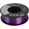 Szpula fioletowego filamentu do drukarki 3D z napisem "CREALITY 3D PRINTER FILAMENT" na górnej części. Widoczne są również informacje: "CR-PLA SILK, Diameter: 1.75MM, Net weight: 1KG, Extruder Temp: 190°C-230°C" oraz ikony z kodami QR i napisem "Share wit