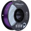 Szpula fioletowego filamentu do drukarki 3D z napisem "CREALITY 3D PRINTER FILAMENT" na czarnej etykiecie. Na etykiecie widnieją również informacje: "CR-PLA SILK", "Diameter: 1.75MM", "Net Weight: 1KG", "Extruder Temp: 190°C-230°C", a także kody QR i graf