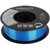 Szpula niebieskiego filamentu do drukarki 3D z napisem "CREALITY 3D PRINTER FILAMENT" na górze. Na etykiecie znajdują się informacje: "CR-PLA SILK, Diameter: 1.75MM, Net weight: 1KG, Extruder Temp: 190°C-230°C" oraz kody QR z napisem "Share with Us".