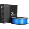 Na zdjęciu znajduje się czarna szpula z niebieskim filamentem oraz czarne pudełko z białym napisem "CREALITY CR series 3D Printing Filaments". Na pudełku widoczne są także kolorowe paski oraz teksty: "Shenzhen Creality 3D Technology Co., Ltd.", "Made in C