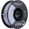 Zdjęcie przedstawia szpulę filamentu do drukarki 3D w kolorze srebrnym, z widocznym logo "CREALITY" oraz napisem "3D PRINTER FILAMENT". Na etykiecie znajdują się informacje: "CR-PLA SILK", "Diameter: 1.75MM", "Net Weight: 1KG", "Extruder Temp: 190°C-230°C