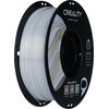 Zdjęcie przedstawia szpulę srebrnego filamentu do drukarki 3D z napisem "CREALITY 3D PRINTER FILAMENT" na czarnej etykiecie. Na etykiecie widnieją również informacje: "CR-PLA SILK", "Diameter: 1.75MM", "Net Weight: 1KG", "Extruder Temp: 190°C-230°C" oraz 