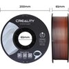 Na zdjęciu widoczna jest szpula filamentu do drukarki 3D z napisem "CREALITY 3D PRINTER FILAMENT". Na etykiecie znajdują się informacje: "CR-PLA SILK, Diameter: 1.75MM, Net Weight: 1KG, Extruder Temp: 190°C-230°C" oraz ikony z kodami QR i napisem "Share w