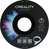 Czarna szpula filamentu do drukarki 3D z kolorowym wzorem, na której widnieje napis "CREALITY 3D PRINTER FILAMENT". Obok znajduje się tekst: "CR-PETG, Diameter: 1.75MM, Net Weight: 1KG, Extruder Temp: 230°C-250°C" oraz trzy kody QR z podpisami "Creality F