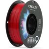 Na zdjęciu widoczna jest szpula czerwonego filamentu do drukarki 3D z napisem "CREALITY 3D PRINTER FILAMENT". Na etykiecie znajdują się informacje: "CR-PETG", "Diameter: 1.75MM", "Net Weight: 1KG", "Extruder Temp: 230°C-250°C", a także grafika z kolorowym