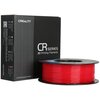 Pudełko z napisem "CREALITY CR series 3D Printing Filaments" stoi obok szpuli czerwonego filamentu. Na pudełku widnieją również napisy: "SHENZHEN CREALITY 3D TECHNOLOGY CO., LTD." oraz "MADE IN CHINA".
