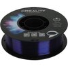 Czarna szpula z przezroczystym niebieskim filamentem do drukarki 3D, z widocznym logo "CREALITY" na górze. Na etykiecie znajdują się informacje: "3D PRINTER FILAMENT", "CR-PETG", "Diameter: 1.75MM", "Net Weight: 1KG", "Extruder Temp: 230°C-250°C", oraz gr