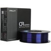 Pudełko z napisem "CREALITY CR series 3D Printing Filaments" stoi obok szpuli z przezroczystym niebieskim filamentem. Na pudełku widoczne są także napisy: "Sunrise Yellow", "Apple White", "Creality Blue", "Vulcan Green", "Made in China" oraz "3D Printing 