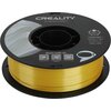 Szpula złotego filamentu do drukarki 3D z napisem "CREALITY 3D PRINTER FILAMENT" na górze. Na etykiecie widnieje tekst: "CR-PLA SILK, Diameter: 1.75MM, Net weight: 1KG, Extruder Temp: 190°C-230°C" oraz "Share with Us" z kodami QR i grafiką robota.