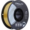 Czarna szpula z nawiniętym złotym filamentem do drukarki 3D, z widocznym logo "CREALITY" oraz napisem "3D PRINTER FILAMENT". Na etykiecie znajdują się informacje: "CR-PLA SILK", "Diameter: 1.75MM", "Net Weight: 1KG", "Extruder Temp: 190°C-230°C", a także 