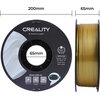 Czarna szpula filamentu z napisem "CREALITY 3D PRINTER FILAMENT" oraz informacjami: "CR-PLA SILK, Diameter: 1.75MM, Net weight: 1KG, Extruder Temp: 190°C-230°C". Obok widoczny jest złoty filament nawinięty na szpulę, a na dole znajdują się kody QR z napis